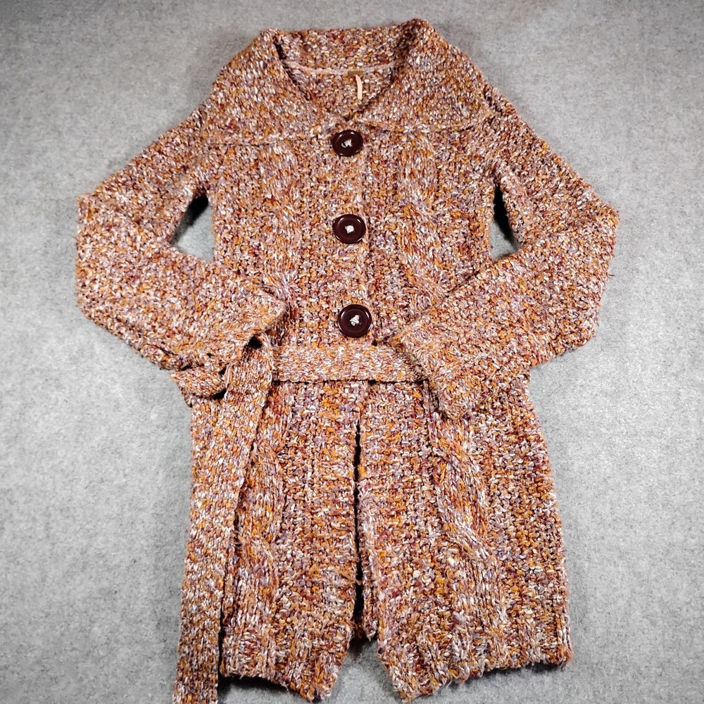 Free People Women Multicolor Wool Blend Chunky Knit Belted Cardigan Sweater